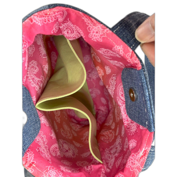 Handmade Upcycled Denim Floral Small Tote Bag Magnetic Closure Pockets Cotton - Picture 5 of 11